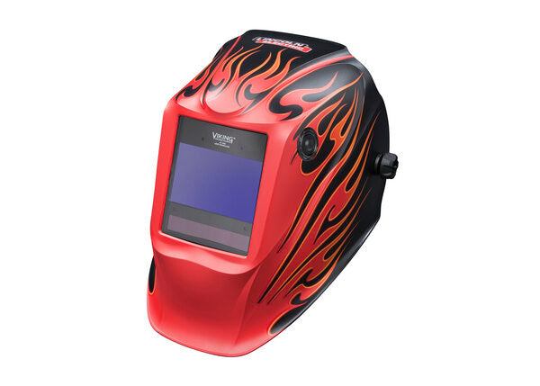 Lightweight Viking 2450 Street Rod welding helmet with auto-darkening lens and flame graphic design