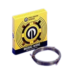 Precision Brand music wire gauge 0.020 inches, coiled and packaged in yellow-black labeled box for instrument use