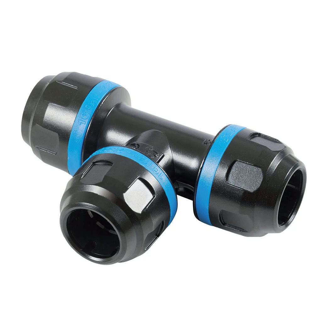 20mm black plastic T-shaped pipe connector with blue locking rings for secure plumbing connections