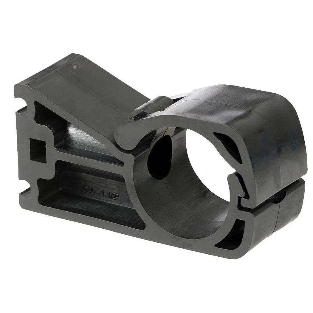 Black rigid tube support clamp for 40mm pipes with integrated nut for ceiling installation and 3/8 UNCf threaded rod