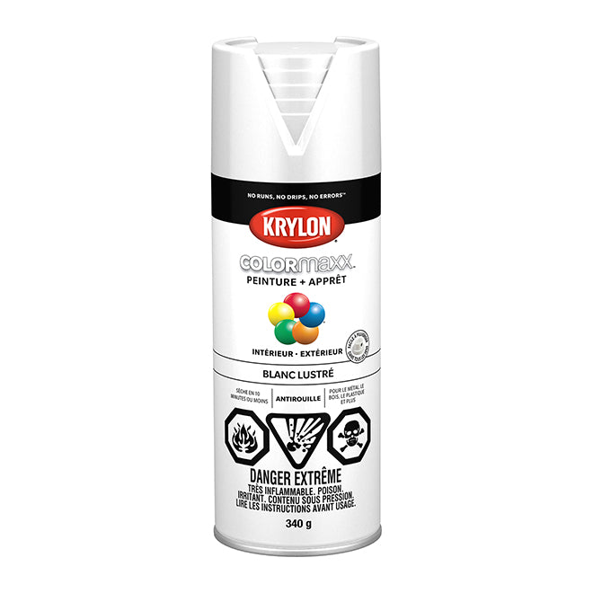 340g Krylon ColorMaxx white glossy spray paint with primer, rust-resistant, fade-resistant, no-drip formula for metal surfaces