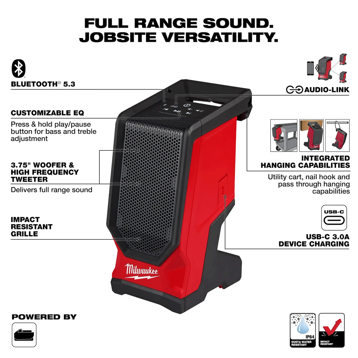 MILWAUKEE 2954-20 HAUT-PARLEUR DE CHANTIER BLUETOOTH