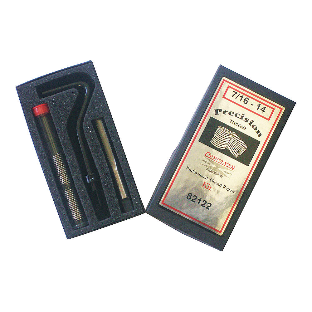Thread repair kit with threaded insert coil, tap, installation tool, and labeled black storage case