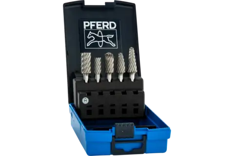 Set of 5 carbide burrs in black and blue case, designed for high material removal on stainless steel applications