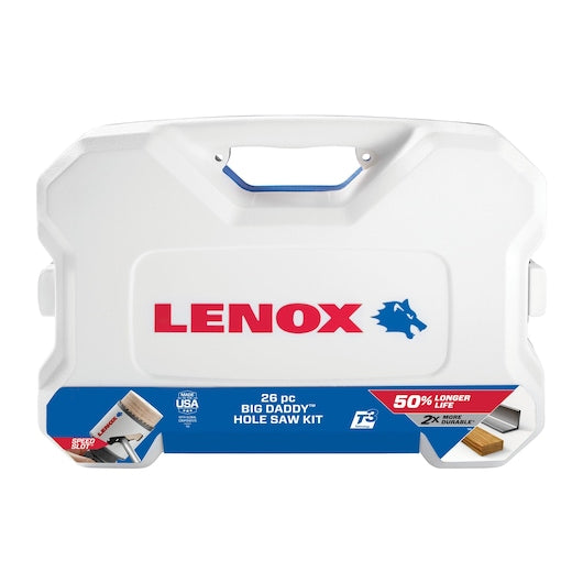 White plastic case of Lenox Big Daddy 26-piece hole saw kit with red logo and product info stickers