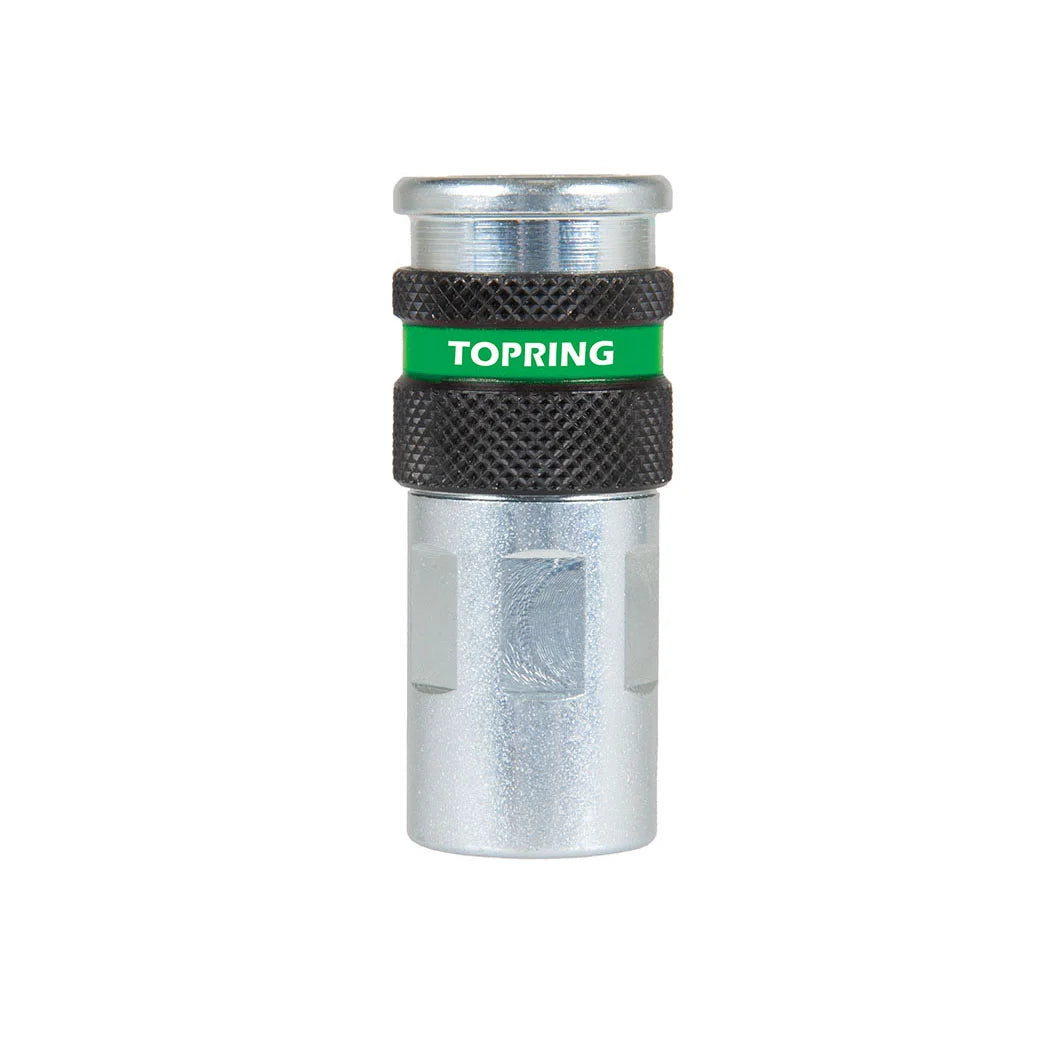 Compact quick-release Ultraflo pneumatic tool fitting with 3/8 inch female NPT and green Topring locking ring