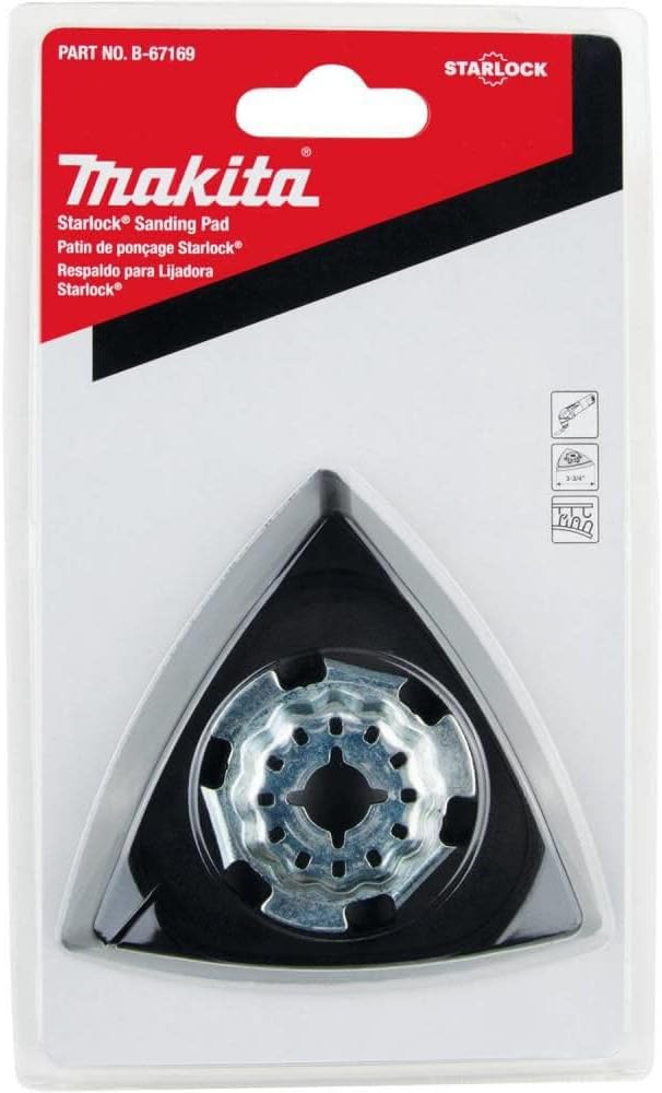 Makita triangular Starlock sanding pad with 6-hole dust extraction design for use with hook-and-loop sandpaper