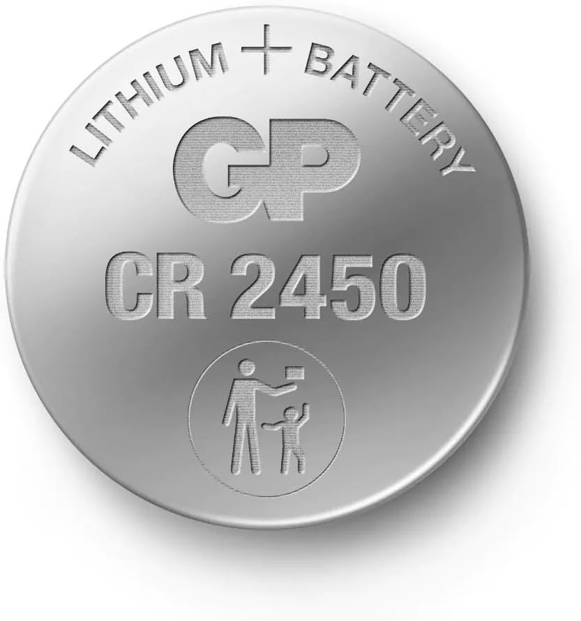 Silver CR2450 lithium 3V battery with GP branding, high capacity, and safety child warning symbol on top surface