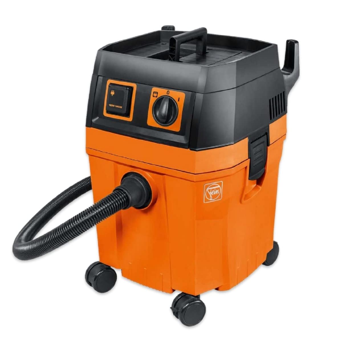 Portable wet and dry vacuum cleaner with low noise level, long cable, and sturdy wheels for workshop use