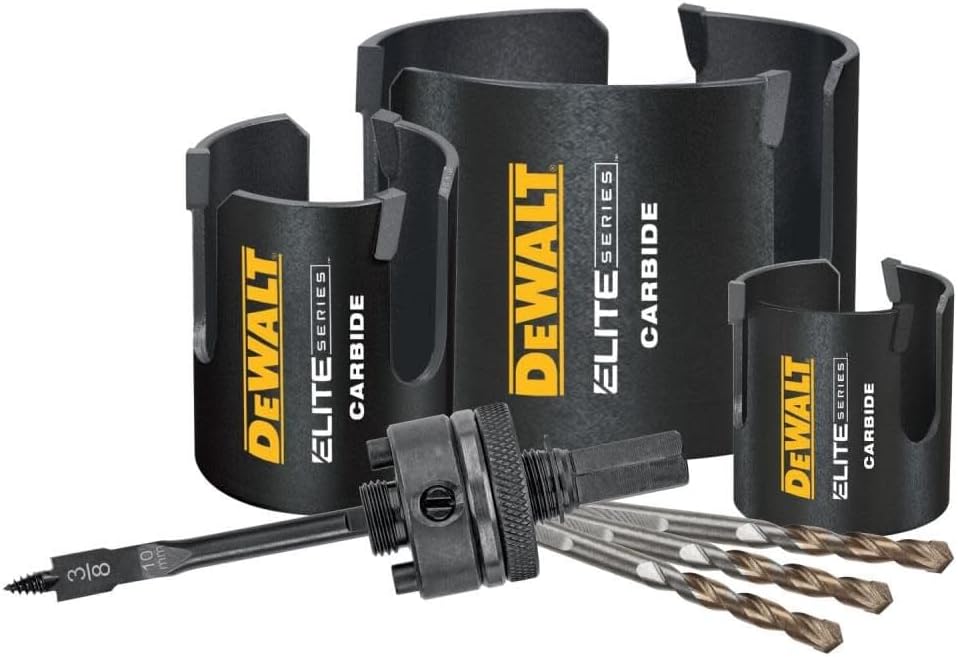 7-piece DeWalt Elite Series bi-metal hole saw set with carbide tips, arbor, and three replacement pilot drills