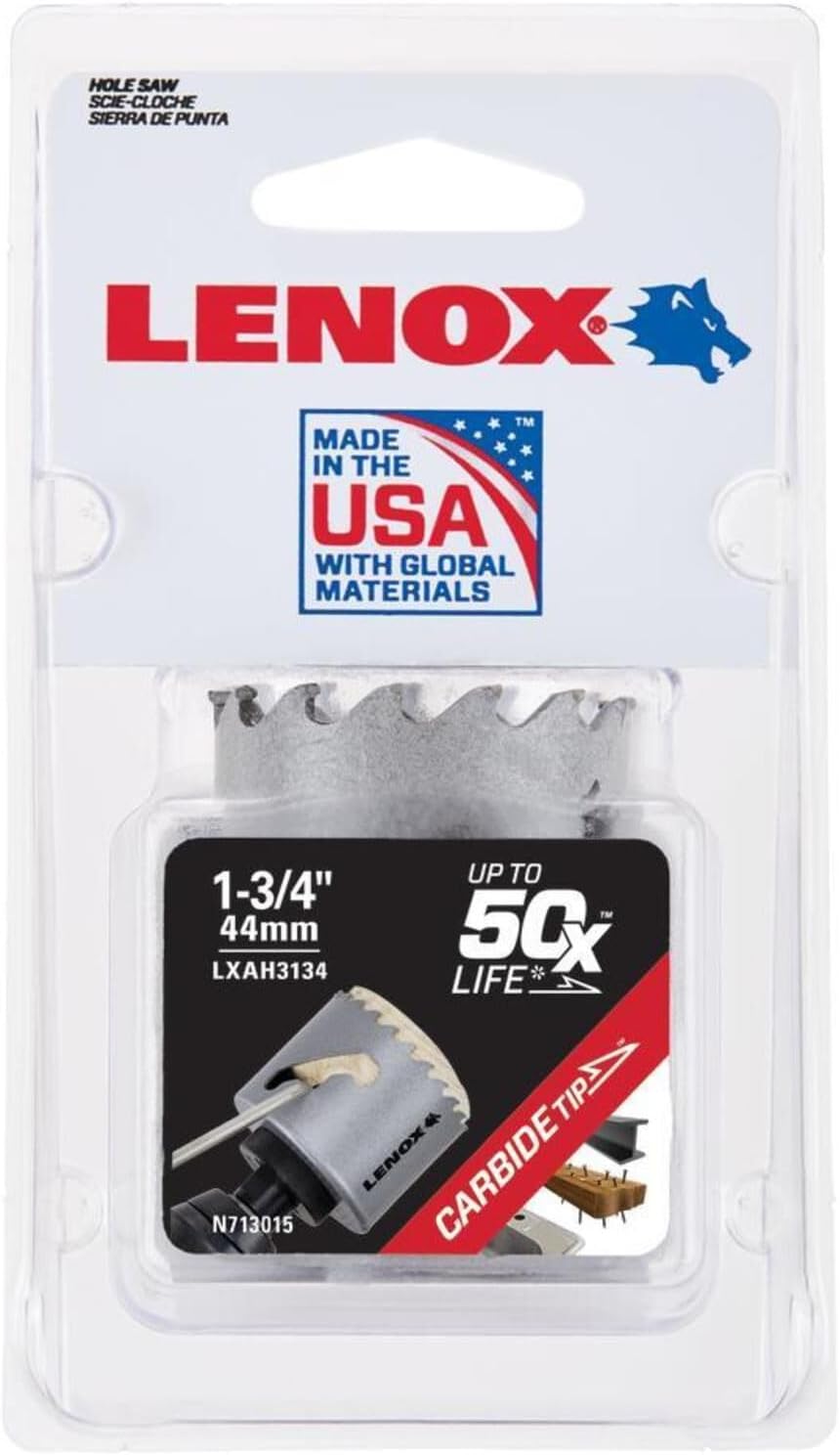 1-3/4 inch Lenox hole saw with carbide tips, made in USA for durable cutting in wood and steel materials