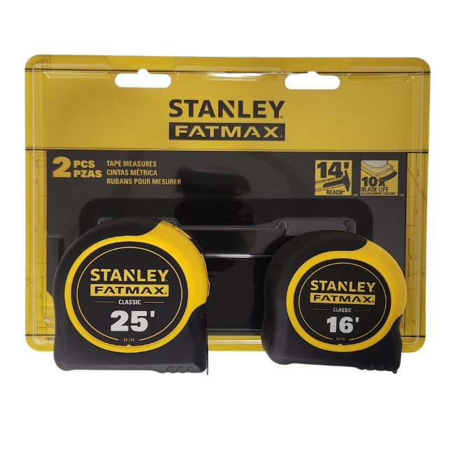 Two Stanley FATMAX tape measures in black and yellow, 25 feet and 16 feet lengths, packaged set of two.