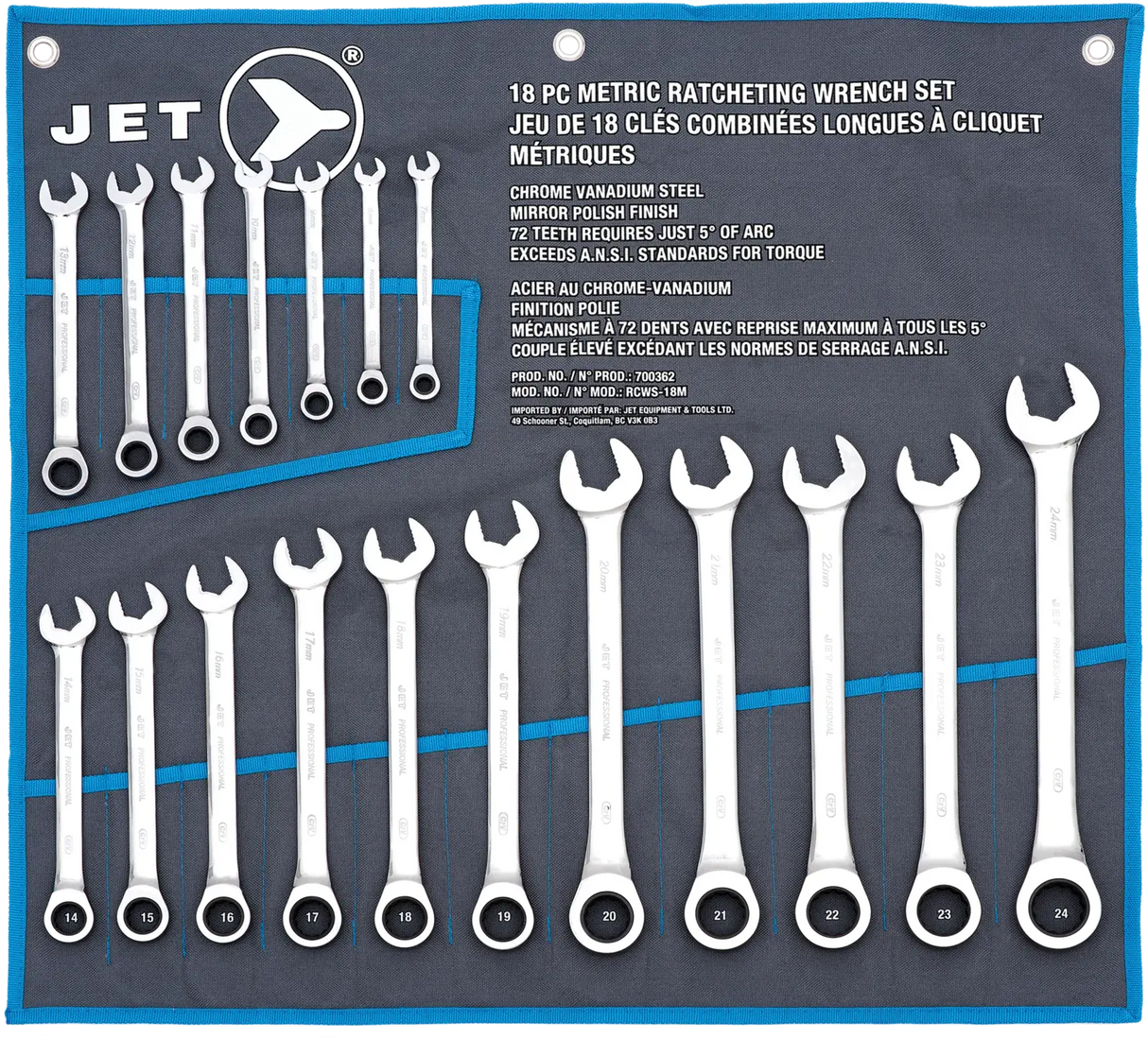 JEU DE CLÉS COMB. LONGUES À CLIQUET MET 18 PIECES JET 700362