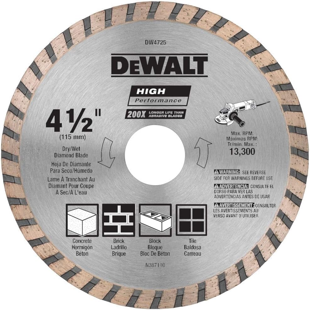 4-1/2 inch DeWalt high-performance diamond masonry blade for dry or wet cutting concrete, brick, block, and tile