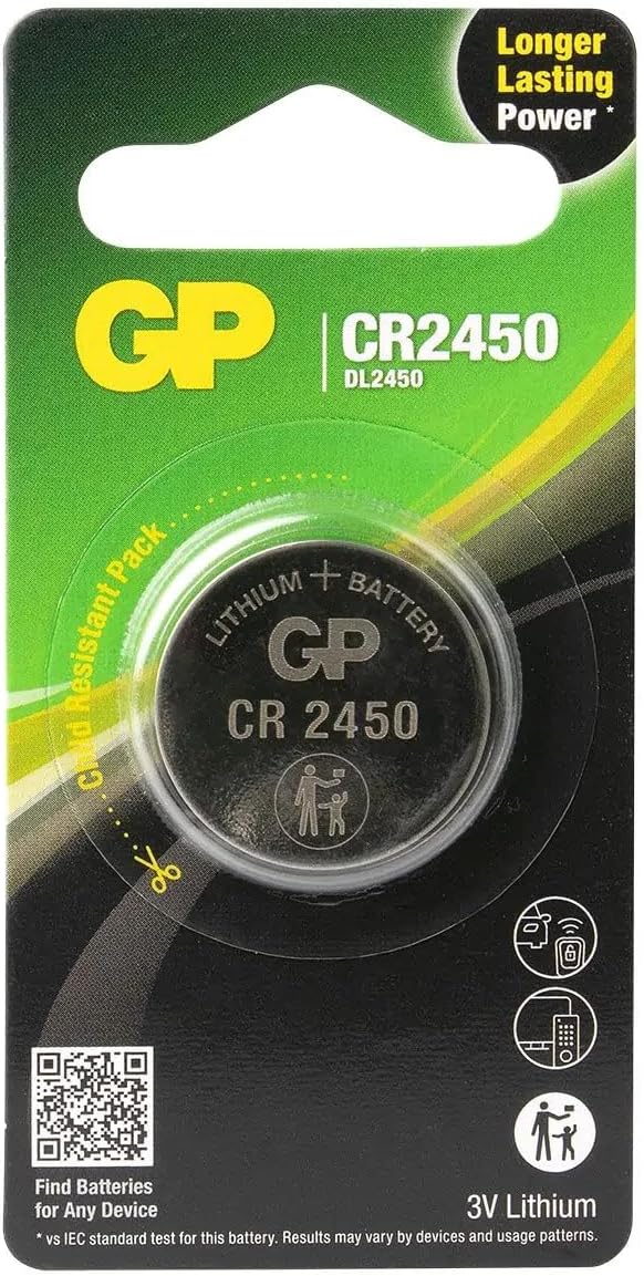 GP CR2450 lithium 3V coin battery with child-resistant packaging and longer lasting power for various devices