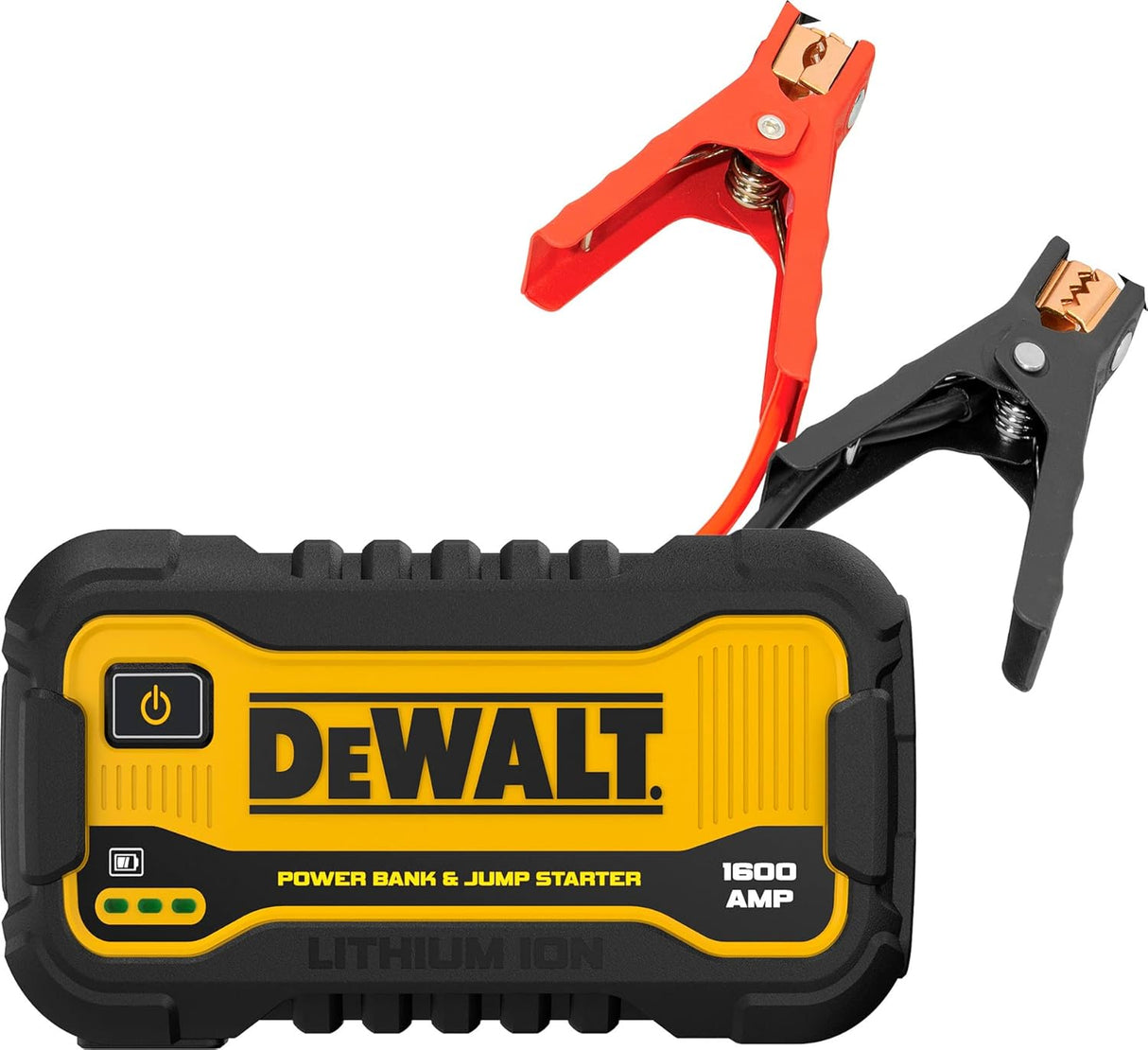 Compact DeWalt 1600 Amp jump starter and power bank with lithium ion battery and heavy-duty clamp cables