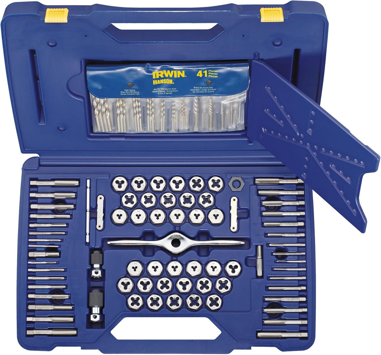 Blue plastic case containing 116-piece Irwin tap and die set with auto-aligning taps, dies, and driving tools