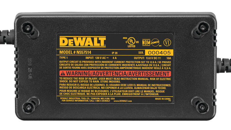 DEWALT N557514 power adapter with integrated power cord, 120V input, 13.8V DC output, and safety certification labels