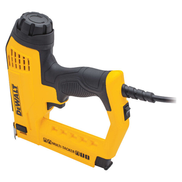 DeWalt electric multi-tacker stapler and nailer with ergonomic grip and integrated wire guide in yellow and black design