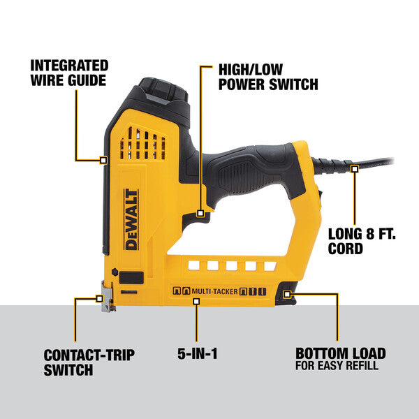DeWalt electric 5-in-1 stapler with integrated wire guide, contact-trip switch, long 8 ft cord, and bottom load refill