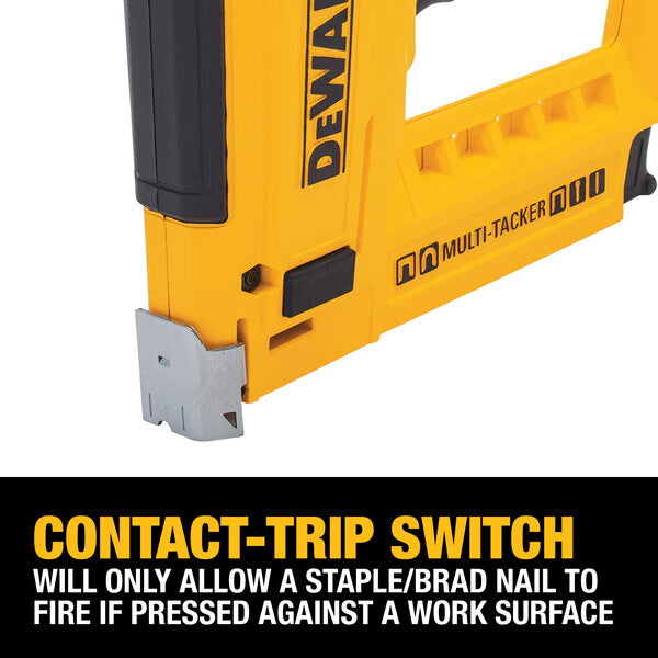 Yellow and black DeWalt electric multi-tacker stapler and brad nailer with contact-trip safety switch and integrated wire guide