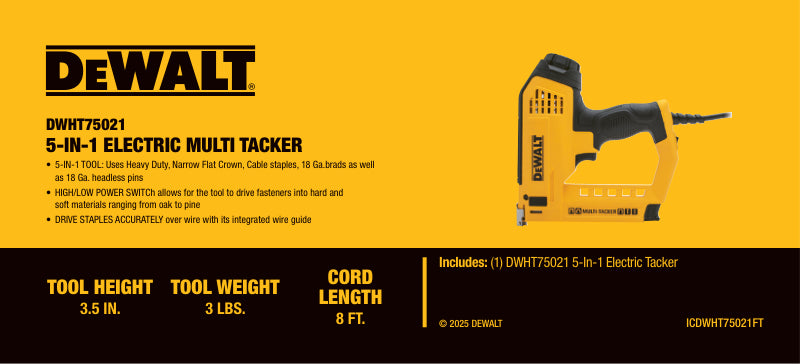 DeWalt 5-in-1 electric multi tacker with integrated wire guide, 3 lbs weight, 8 ft cord, and 3.5 in height