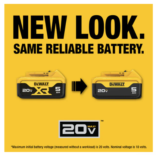 Comparison of old and new DeWalt 20V 5AH battery designs highlighting same reliable performance and updated look