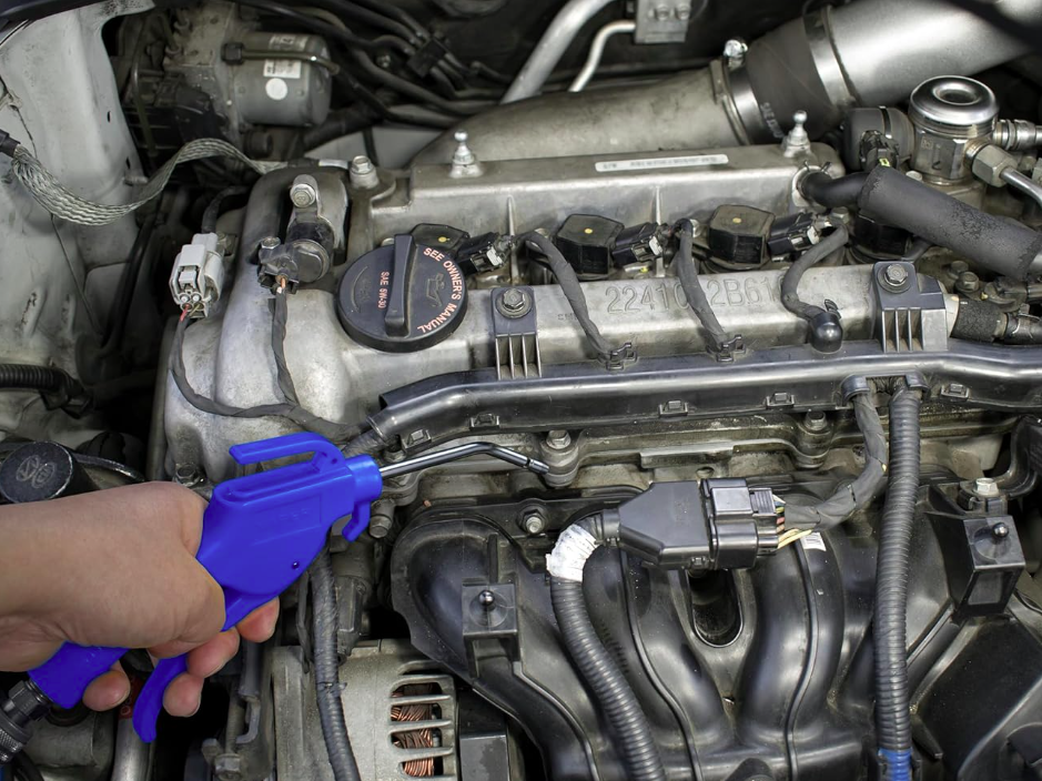 Blue 4-inch air blower with variable pressure control and OSHA-compliant safety nozzle used on a car engine compartment