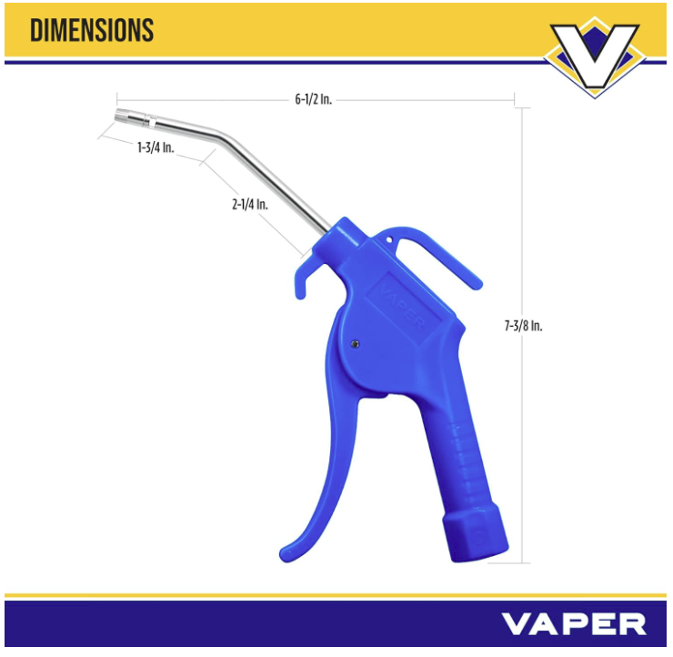 Blue 4-inch air blow gun with ergonomic handle and curved metal nozzle, dimensions labeled for precise measurement
