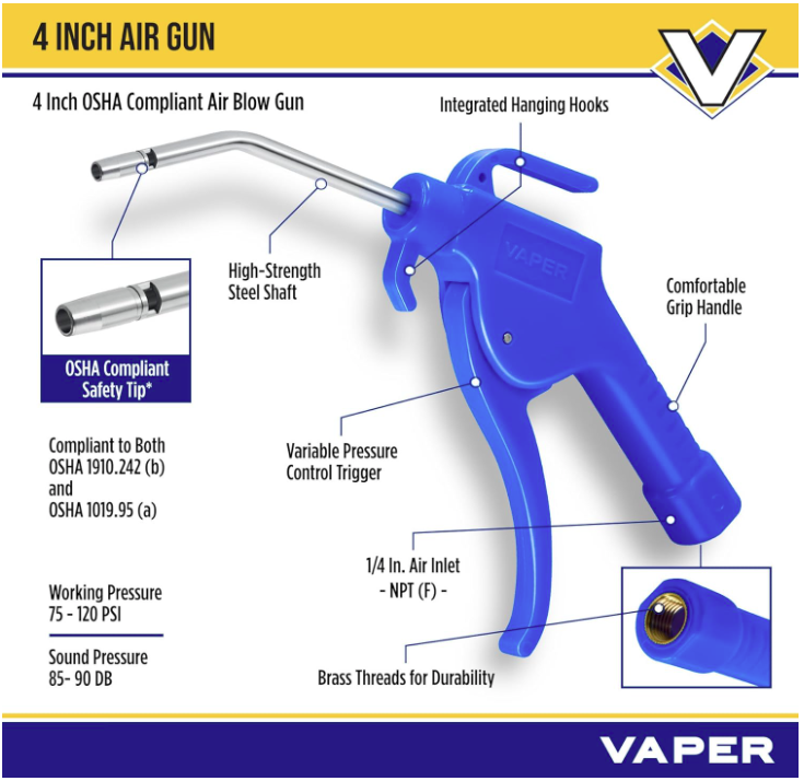 4-inch OSHA compliant air blow gun with variable pressure trigger, brass threads, high-strength steel shaft, and ergonomic handle