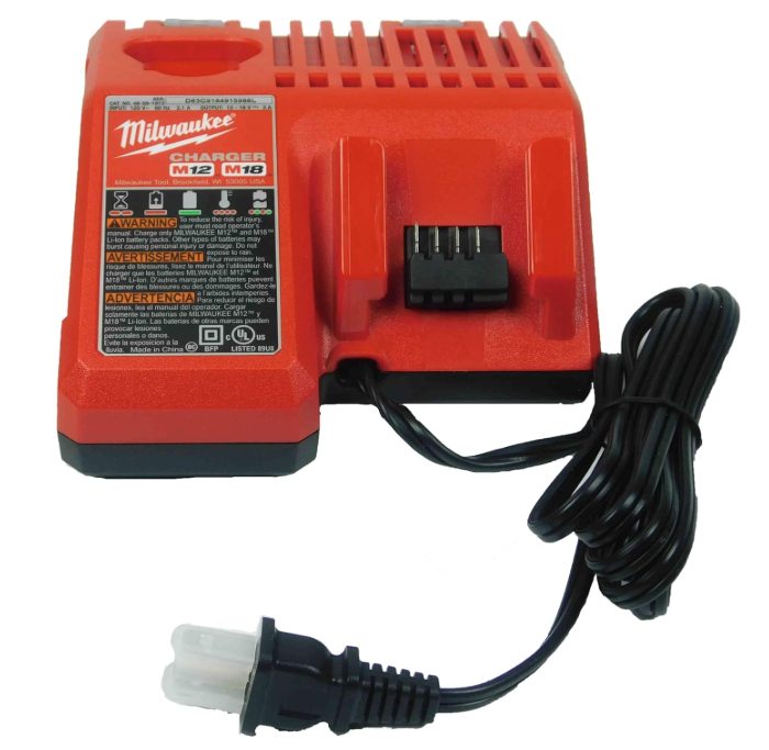 Milwaukee M18 M12 battery charger model 48-59-1812 with power cord and ventilation slots for fast charging