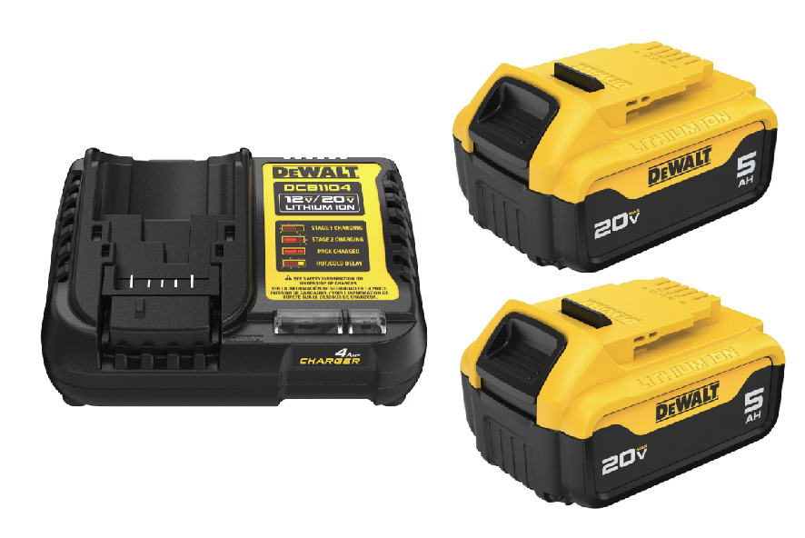 DeWalt 20V 5Ah lithium-ion batteries with dual-port fast charger for efficient power and charging.