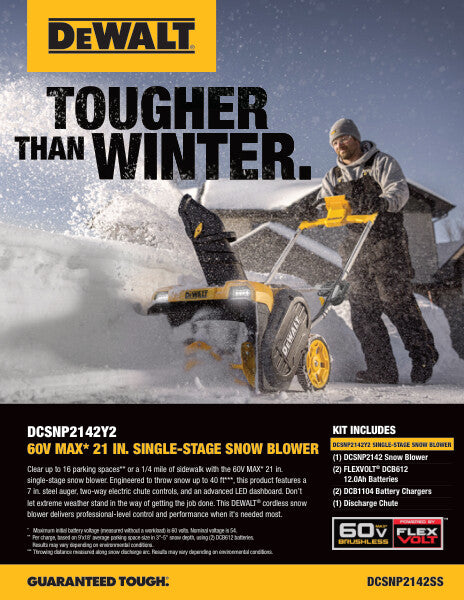 SOUFFLEUSE À NEIGE SANS FIL DEWALT 21" 60V FLEXVOLT, 2 x DCB612 - DCSNP2142Y2-CA