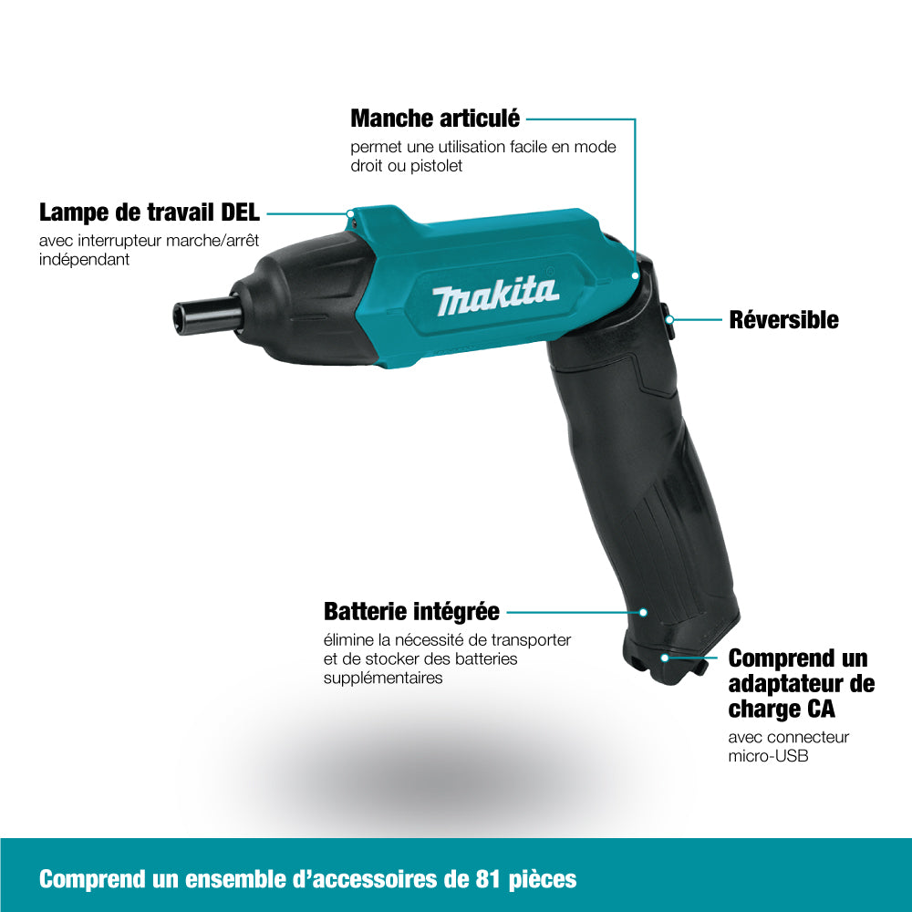 TOURNEVIS 1/4 A BATTERIES AVEC EMBOUTS MAKITA DF001DW