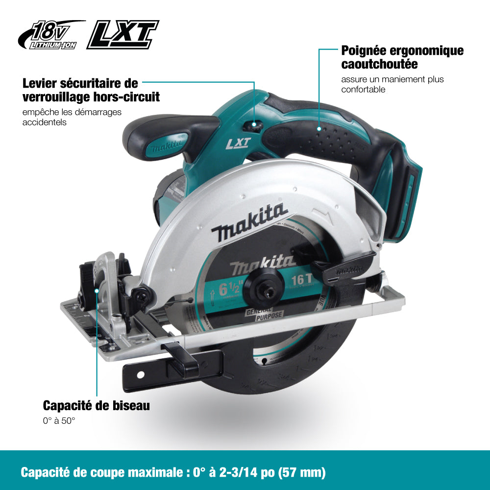 Cordless 6-1/2 inch Makita circular saw with 18V motor, ergonomic rubber grip, safety lock lever, and 50-degree bevel capacity