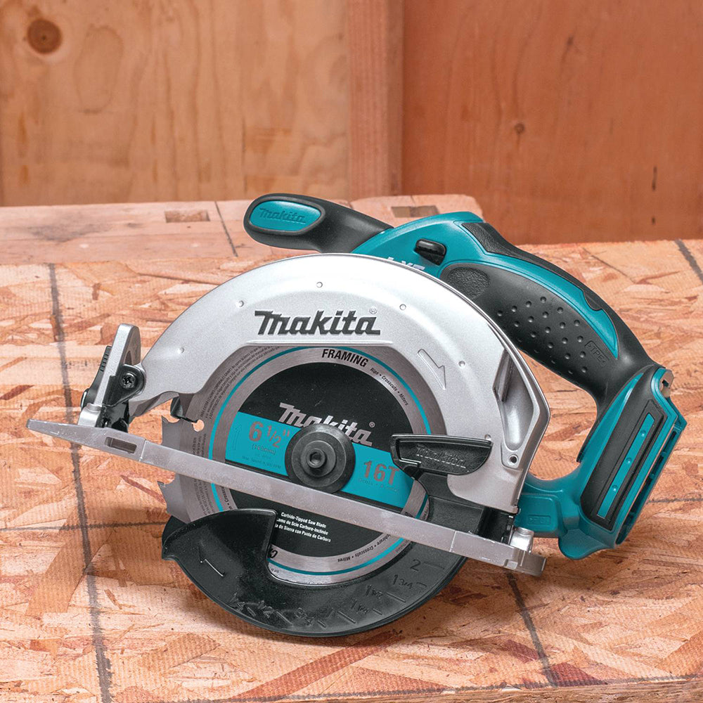 Makita 6-1/2 inch cordless circular saw with ergonomic rubber handle and 50-degree bevel capacity for precise cuts