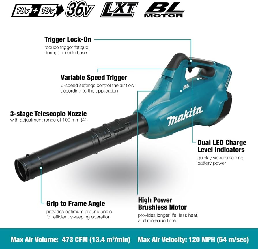 Cordless Brushless Blower Makita DUB362PT2 36V LXT 473 CFM with 2 Batteries