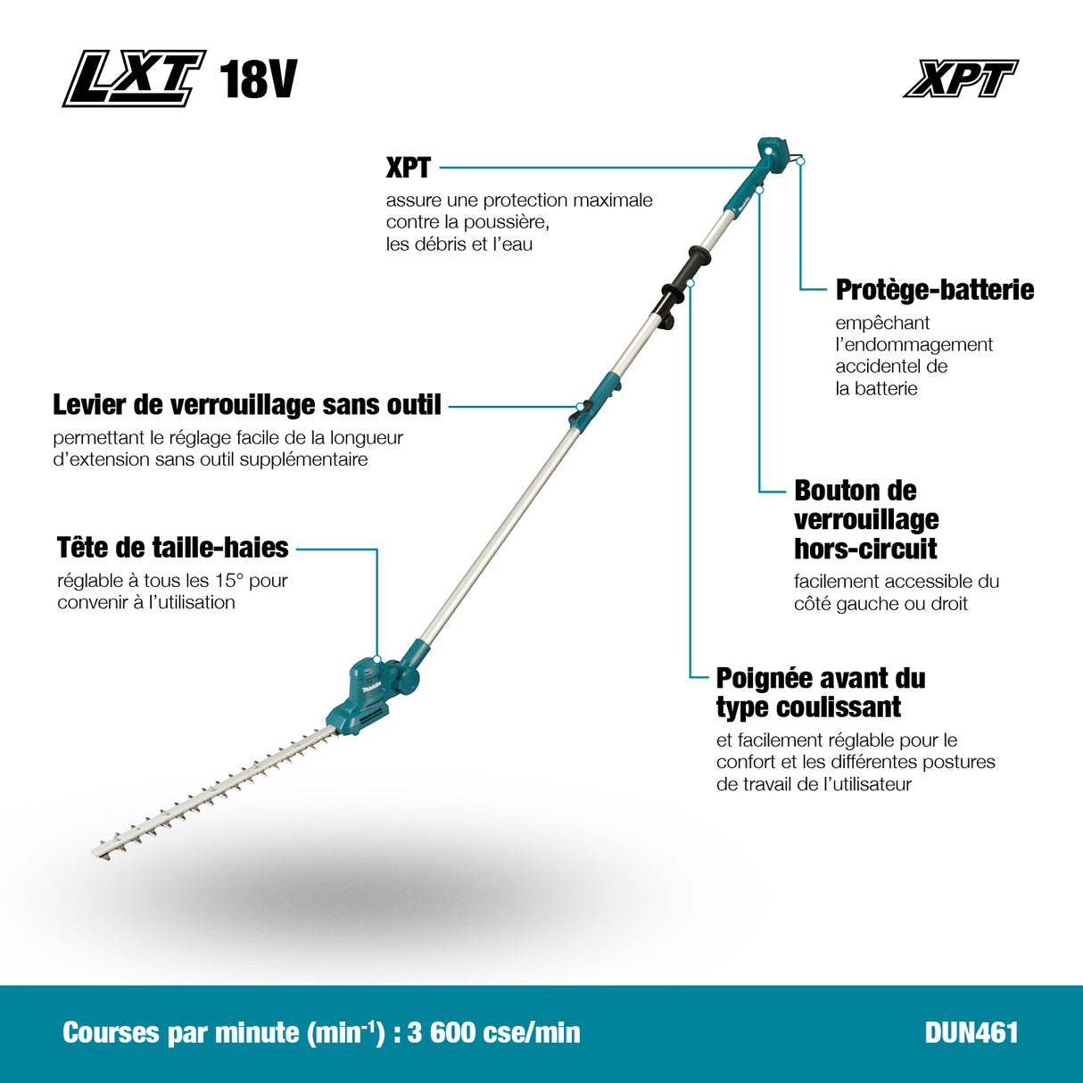 Taille-haie à perche 18 po 18V LXT MAKITA DUN461WSF