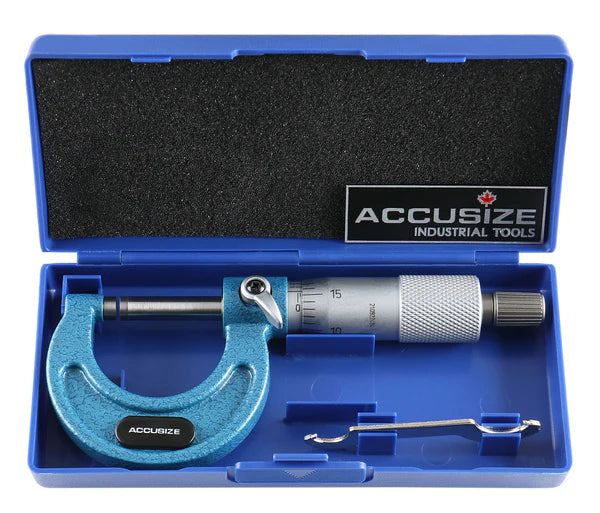 0-1 inch micrometer with carbide tip, ratchet stop, locking lever, and blue protective storage case