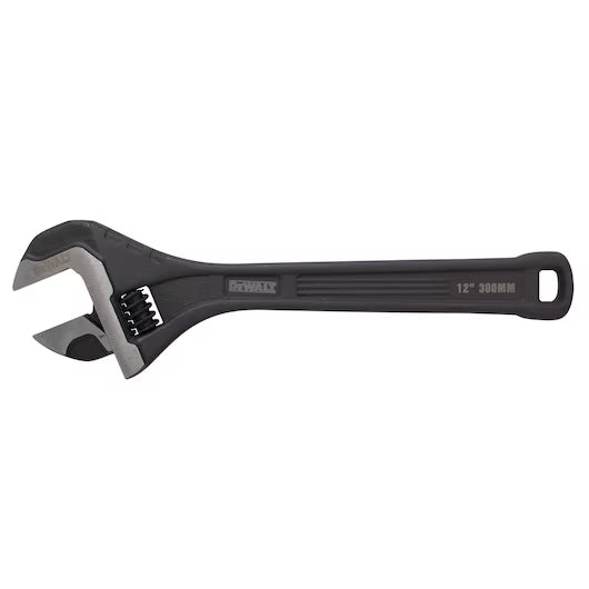 12-inch DEWALT adjustable wrench with precision jaws, extra-wide capacity, and ergonomic non-slip handle design