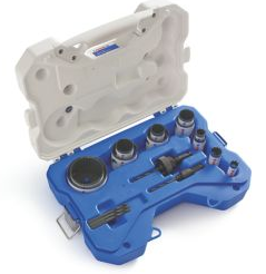 17-piece Lenox hole saw set with reinforced wall thickness, optimized teeth design, and blue plastic carrying case
