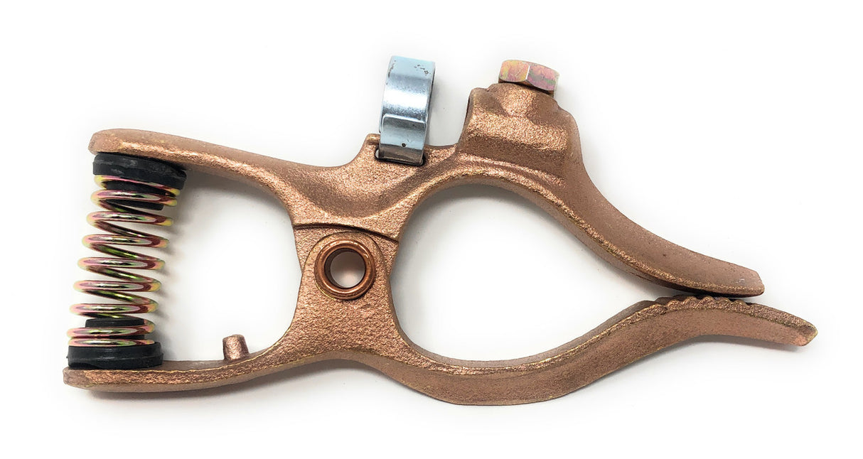 Copper ground clamp tweco style with spring mechanism and adjustable bolt for 500 amp welding applications