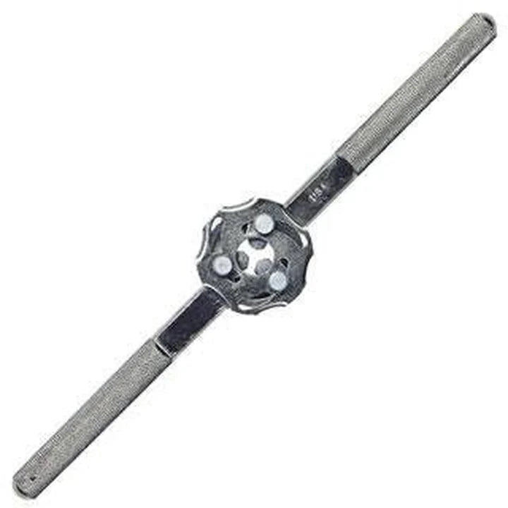 Hexagonal 1-inch tap wrench with knurled handles and adjustable jaw for precise threading alignment and control