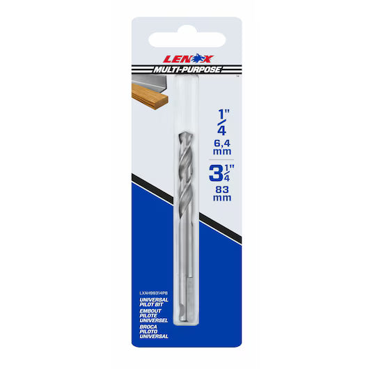 Lenox 1/4 inch pilot drill bit with 3 1/4 inch length, multi-purpose design for universal chuck compatibility