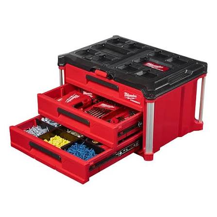 Boîte à outils Milwaukee PACKOUT 3 tiroirs empilée avec le système de rangement modulaire