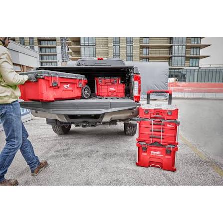 Coffre PACKOUT Milwaukee 3 tiroirs, vue de côté montrant les glissières à billes en métal