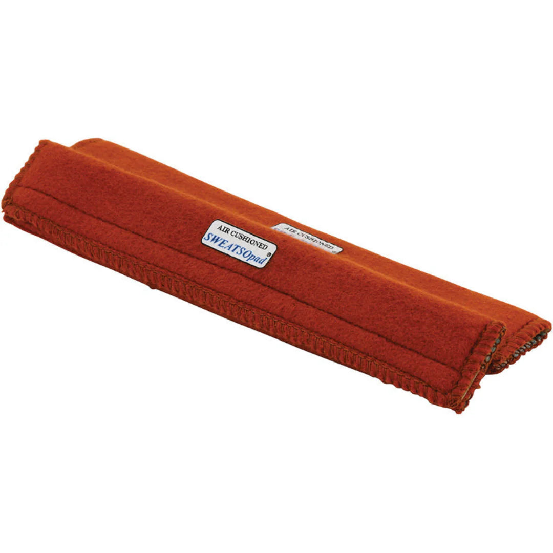 Red absorbent sweatband with stitched edges, designed for comfortable helmet wear and moisture control during work.