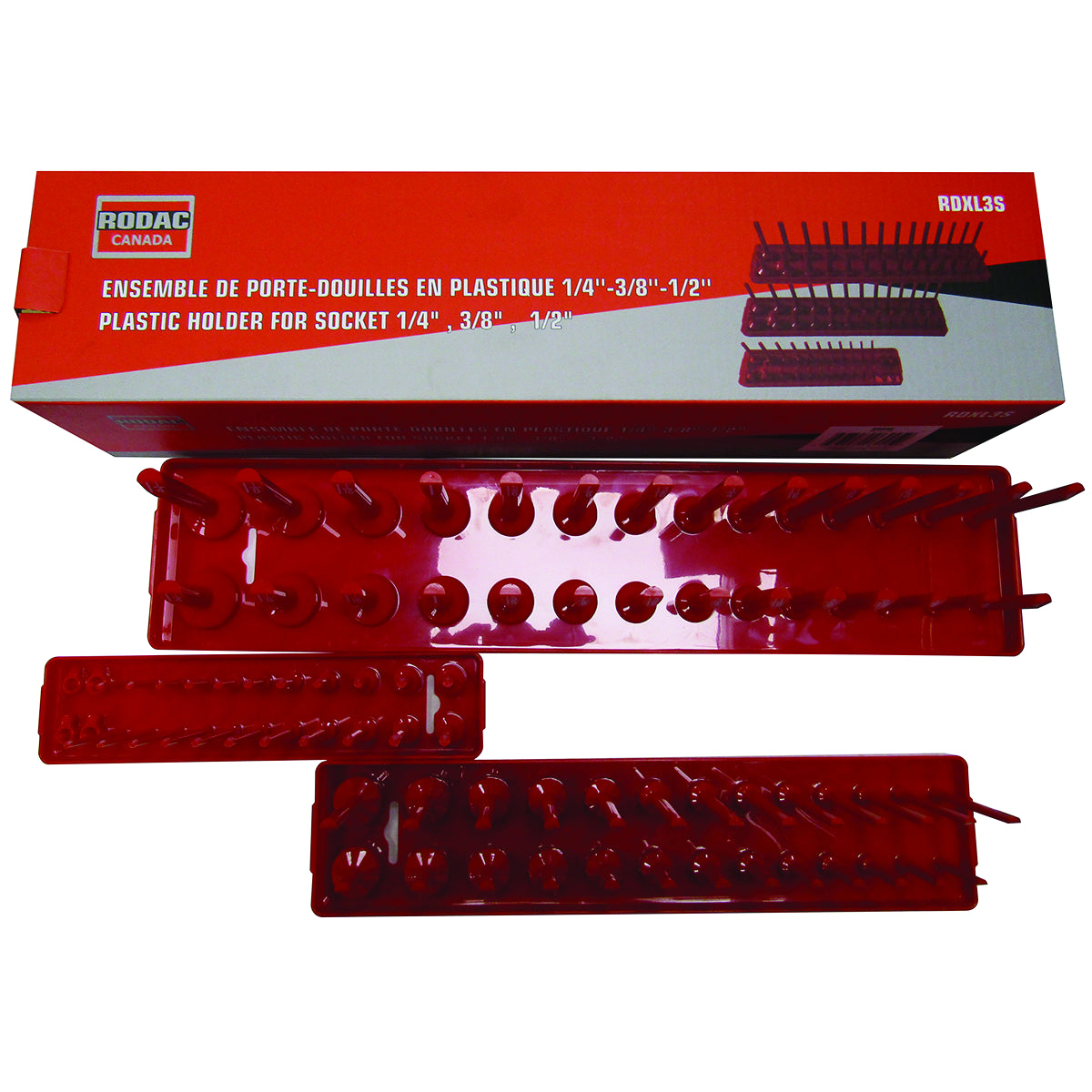 Red ABS plastic socket holder set for 1/4", 3/8", and 1/2" drive sockets with multiple storage stations