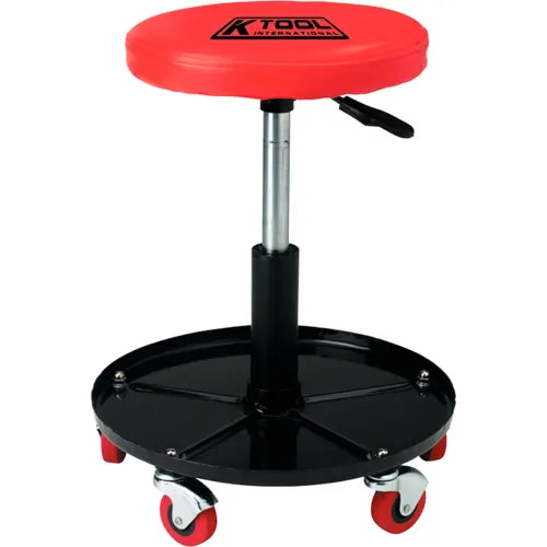 Adjustable mechanic stool with red cushioned seat, black steel base tray, and swivel casters for mobility and durability