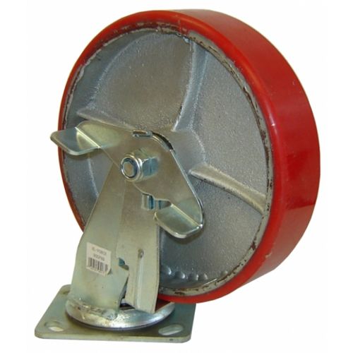 8-inch red polyurethane swivel caster wheel with brake, 1750 lbs load capacity, heavy-duty metal frame